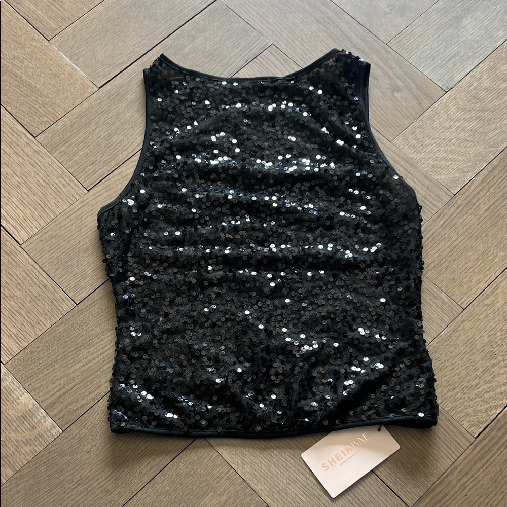 SHEIN Black Sequin Sleeveless Tank Top